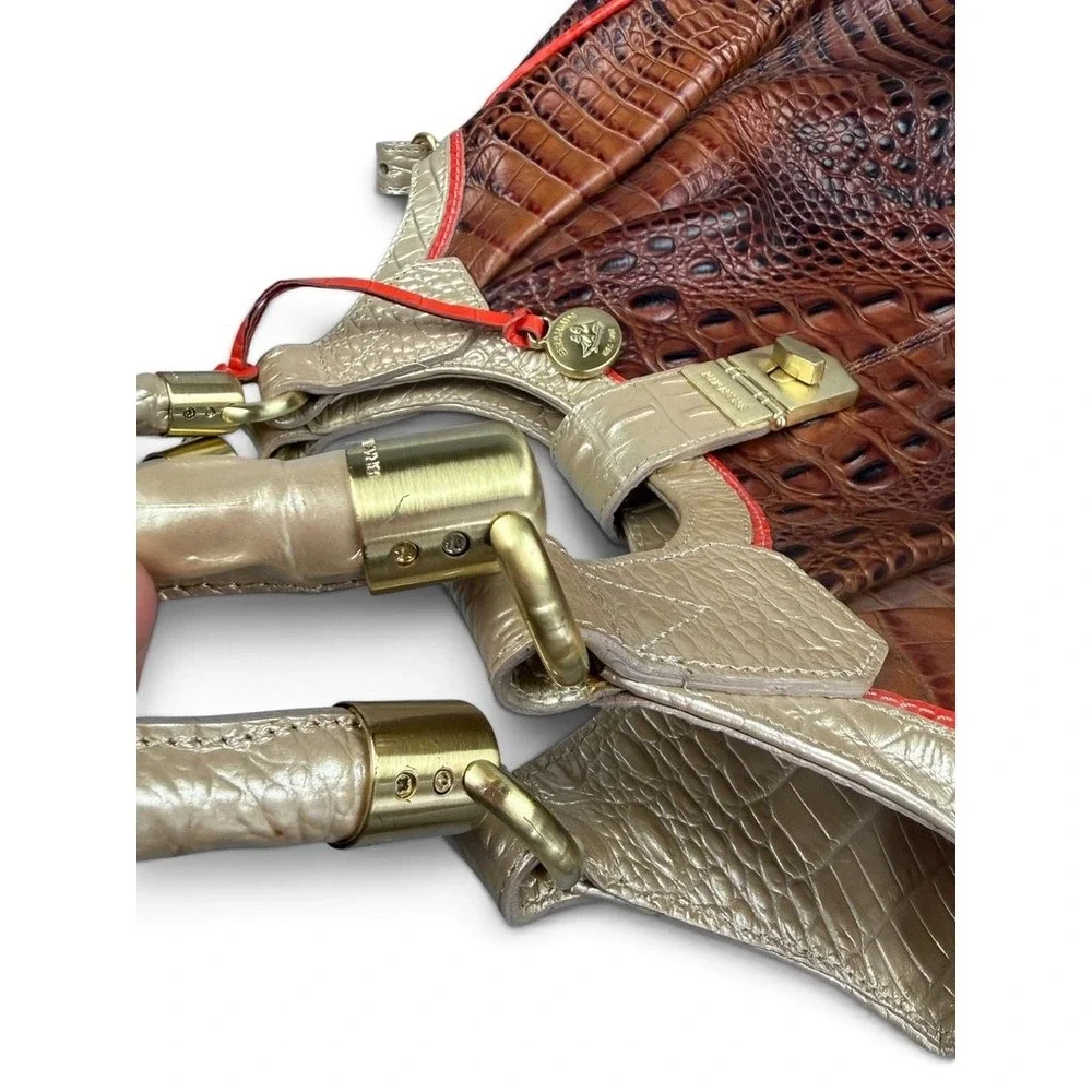 Brahmin Pecan Melbourne Croc Embossed Leather Satchel Gold Trim Brown Red Bag
